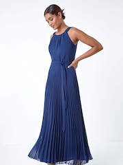 Roman Blue Pleated Halter Neck Maxi Dress - Image 1 of 5