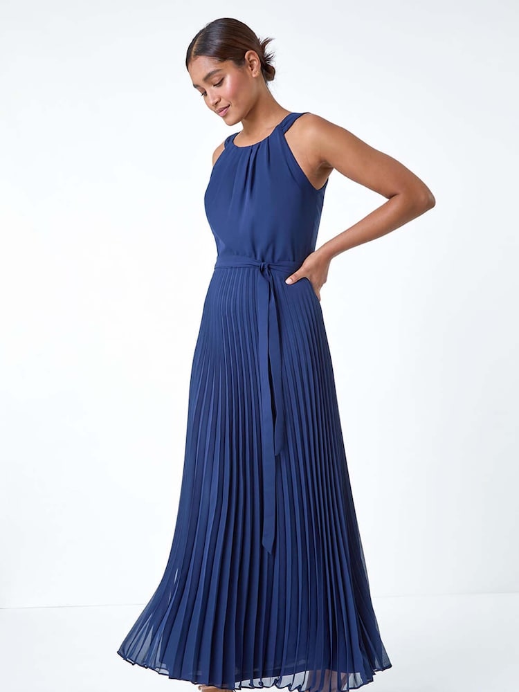 Roman Blue Pleated Halter Neck Maxi Dress - Image 1 of 5