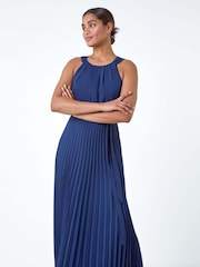 Roman Blue Pleated Halter Neck Maxi Dress - Image 3 of 5