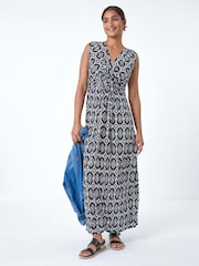 Roman Black Aztec Style Puff Print Twist Stretch Maxi Dress - Image 1 of 5