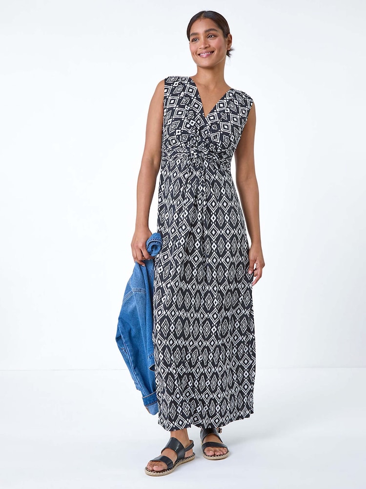 Roman Black Aztec Style Puff Print Twist Stretch Maxi Dress - Image 1 of 5