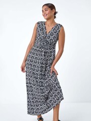 Roman Black Aztec Style Puff Print Twist Stretch Maxi Dress - Image 2 of 5