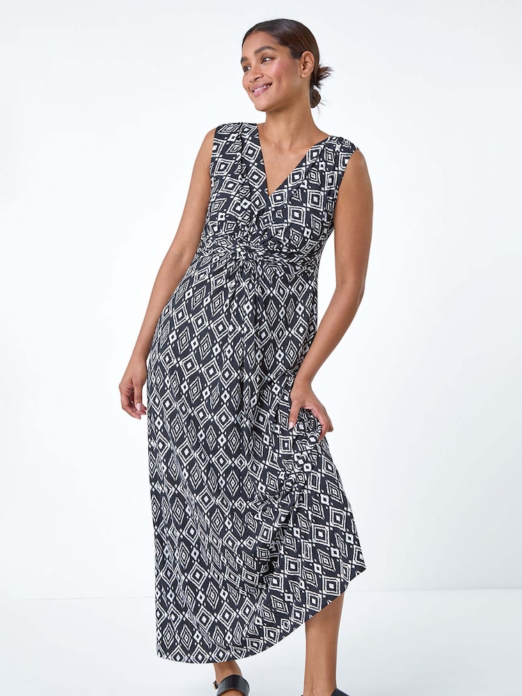 Roman Black Aztec Style Puff Print Twist Stretch Maxi Dress - Image 2 of 5