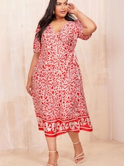 Curves Like These Red Printed Wrap Midi Dress - Image 2 of 4