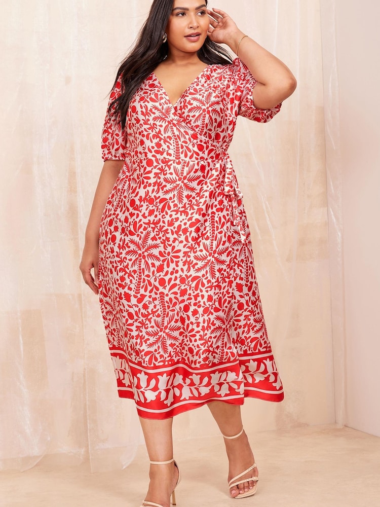 Curves Like These Red Printed Wrap Midi Dress - Image 2 of 4