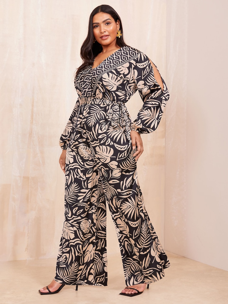 Curves Like These Black/White Long Sleeve Wrap Jumpsuit - Image 2 of 4