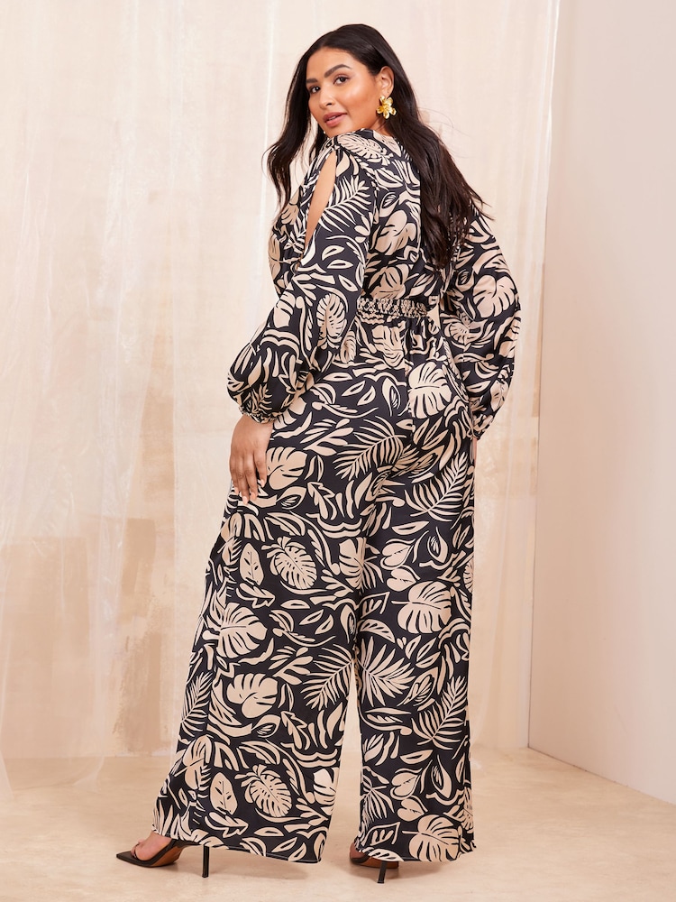 Curves Like These Black/White Long Sleeve Wrap Jumpsuit - Image 4 of 4