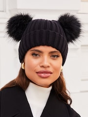Lipsy Black Cosy Ribbed Double Pom Beanie Hat - Image 1 of 4