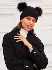 Lipsy Black Cosy Ribbed Double Pom Beanie Hat - Image 2 of 4