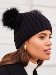 Lipsy Black Cosy Ribbed Double Pom Beanie Hat - Image 3 of 4