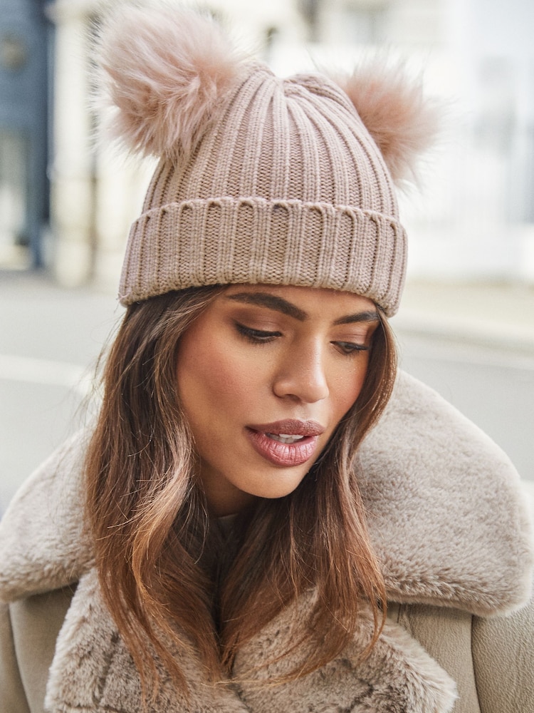 Lipsy Beige Cosy Ribbed Double Pom Beanie Hat - Image 1 of 3