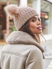Lipsy Beige Cosy Ribbed Double Pom Beanie Hat - Image 3 of 3