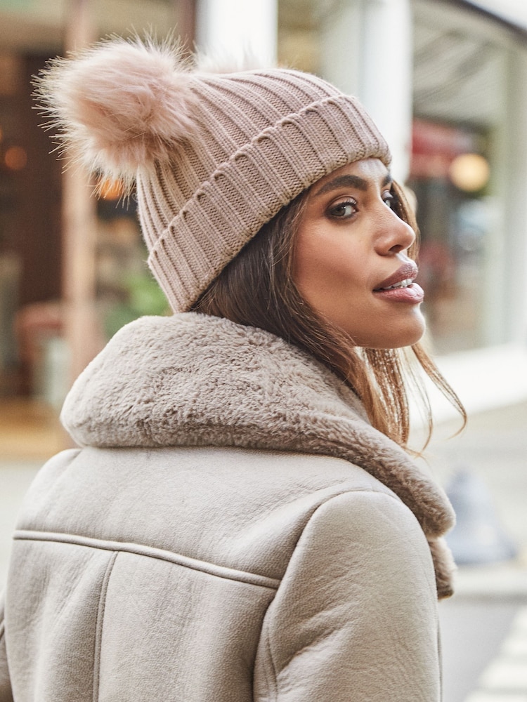 Lipsy Beige Cosy Ribbed Double Pom Beanie Hat - Image 3 of 3