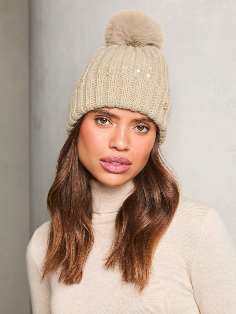 Cream - Lipsy Prijetne bleščice; z bleščicami Embellished Pom klobuki in kape; pokrivala - Slika 3 iz 3