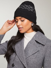 Lipsy Black Gem Cosy Embellished Beanie Hat With Wool - Image 1 of 4