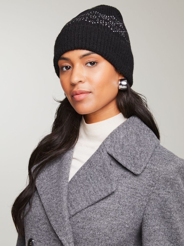 Lipsy Black Gem Cosy Embellished Beanie Hat With Wool - Image 4 of 4