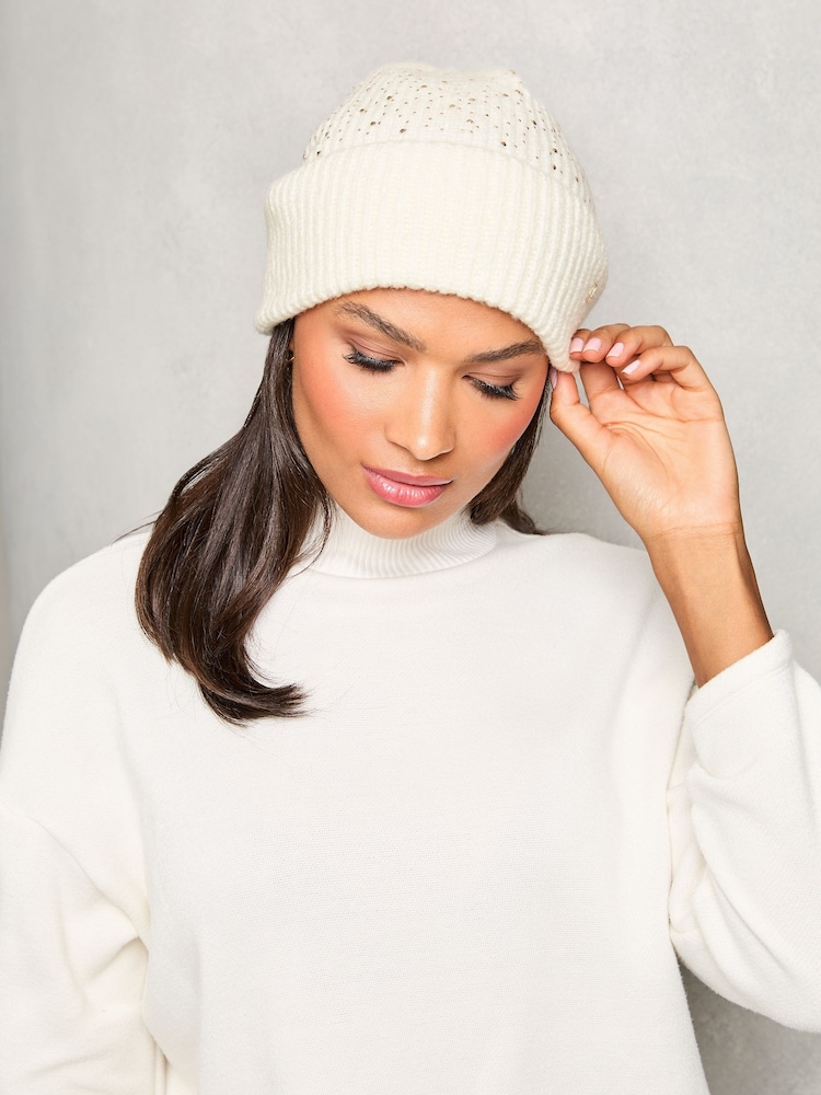 Lipsy Cream Cosy Embellished Gem Beanie Hat - Image 2 of 4