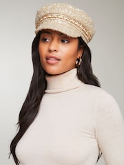 Lipsy Cream Fashion Sequin Baker Boy Hat - Image 4 of 4