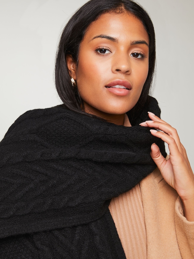 Lipsy Black Cosy Cable Pom Hat and Scarf Set - Image 2 of 6