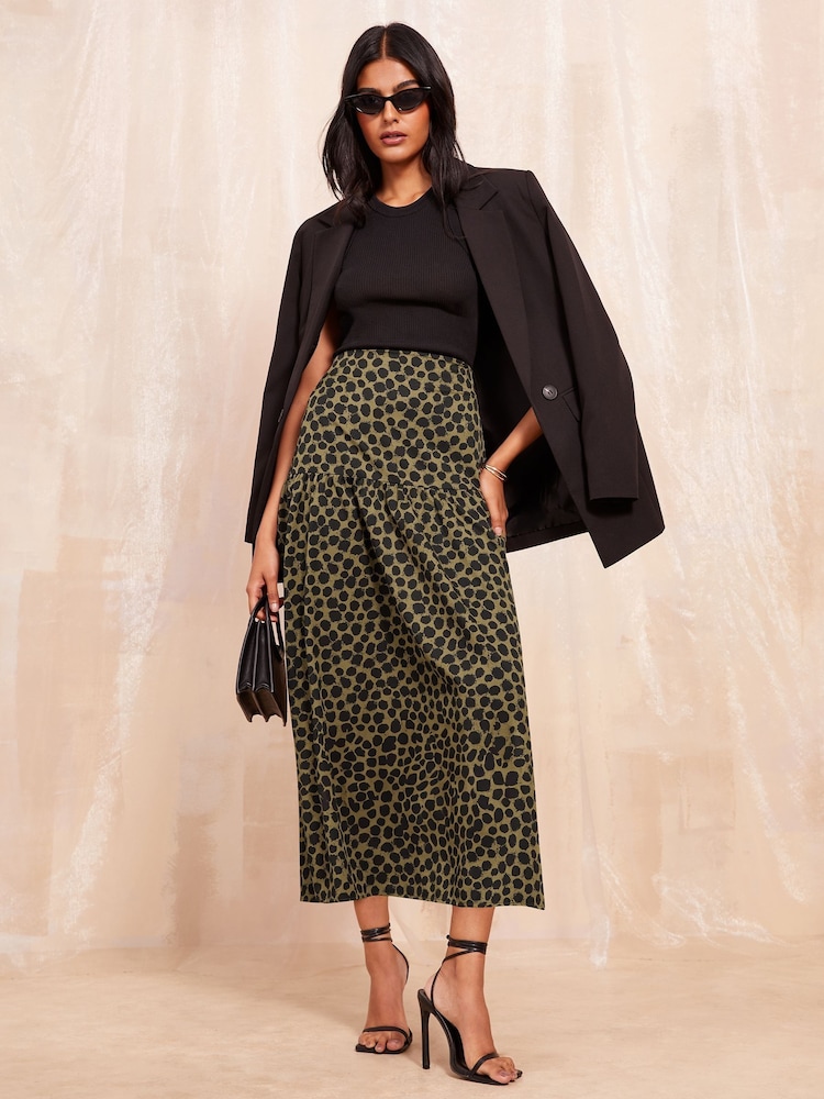 Friends Like These Khaki Green Twill Midaxi Skirt With Tiers - Image 1 of 4