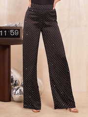 Friends Like These Black Hotfix Sparkle Wide Leg Trousers - Image 1 of 4