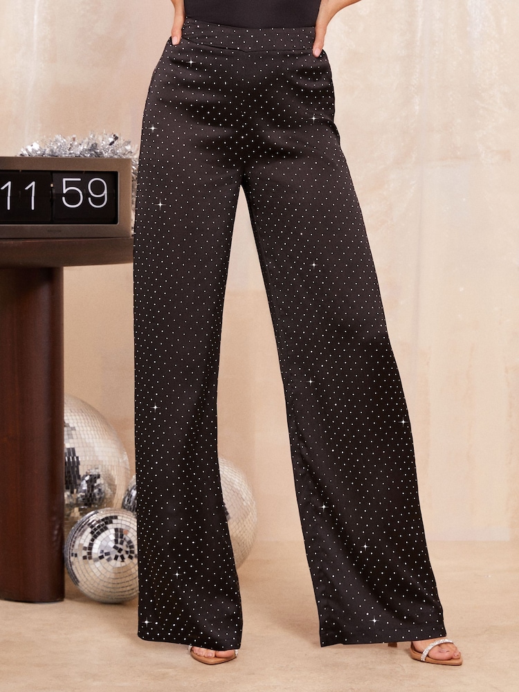 Friends Like These Black Hotfix Sparkle Wide Leg Trousers - Image 1 of 4