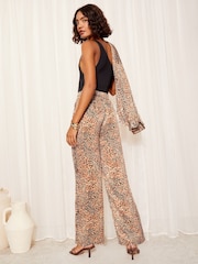 Friends Like These Brown Animal Petite Satin Wide Leg Printed Trousers - Image 4 of 4