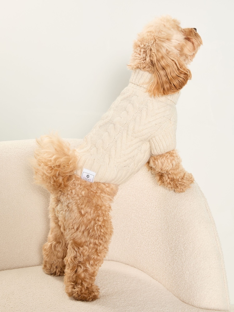 Lipsy Cream Super Soft Cable Design Dog Jumper with Wool - Image 2 of 4