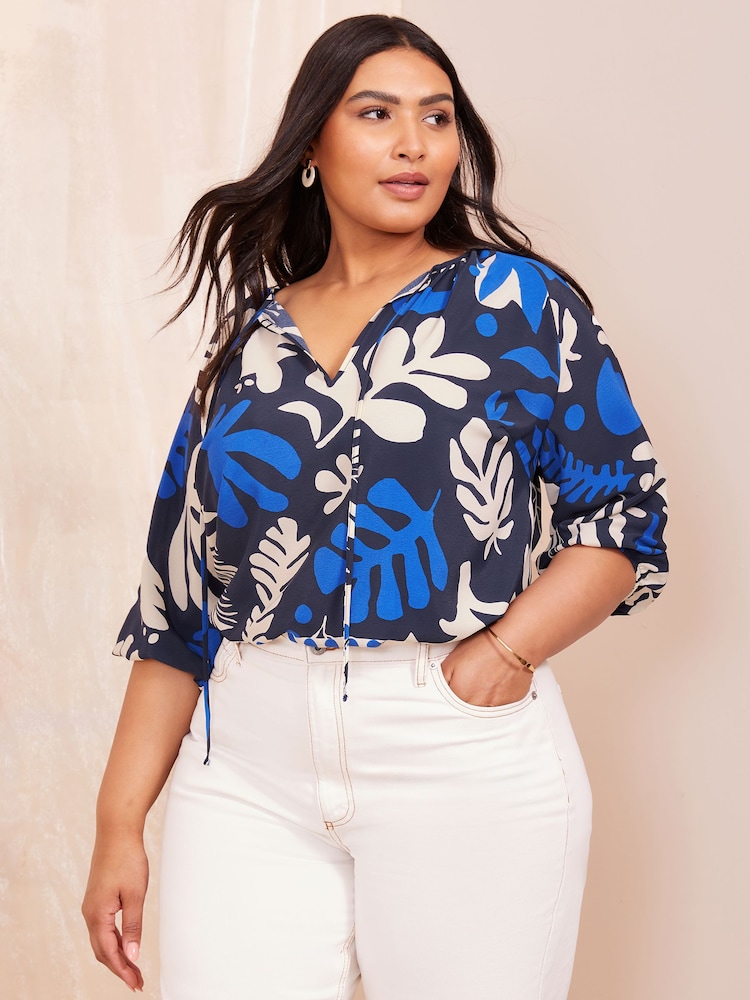 Curves Like These Blue Printed Keyhole Blouse - Image 1 of 4