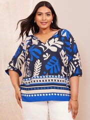Curves Like These Blue Printed Keyhole Blouse - Image 2 of 4