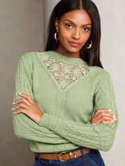 Lipsy Green Lace Yolk Knitted Cable  Jumper - Image 1 of 4