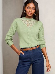 Lipsy Green Lace Yolk Knitted Cable  Jumper - Image 3 of 4