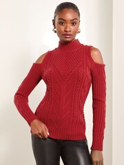 Lipsy Red Cold Shoulder Cable Knitted Jumper - Image 1 of 4