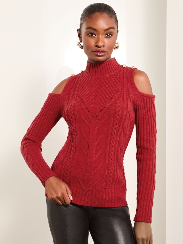Lipsy Red Cold Shoulder Cable Knitted Jumper - Image 1 of 4