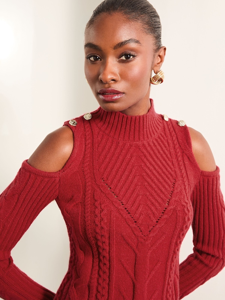 Lipsy Red Cold Shoulder Cable Knitted Jumper - Image 2 of 4