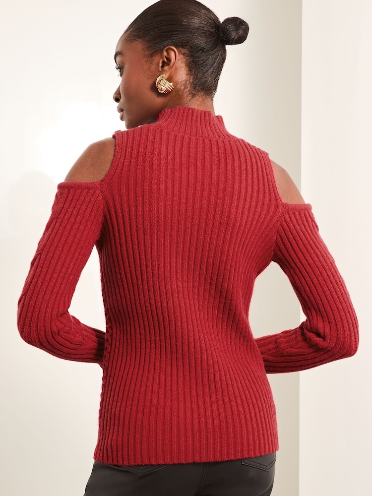 Lipsy Red Cold Shoulder Cable Knitted Jumper - Image 4 of 4