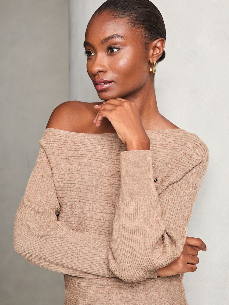 Lipsy Camel Cable Detail Slash Batwing Knitted Jumper - Image 2 of 4