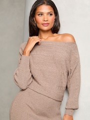 Lipsy Beige Petite Slash Neck Cable Knitted Dress - Image 2 of 4