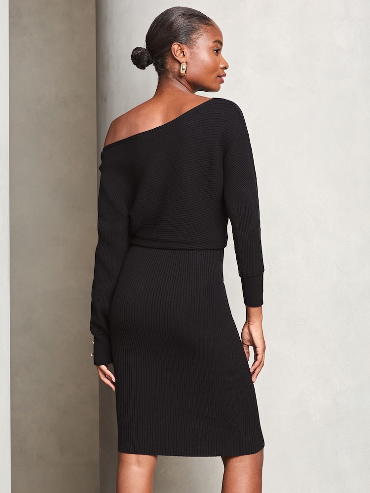 Lipsy Black Slash Neck Cable Knitted Dress - Image 4 of 4