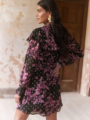 Love & Roses Black Printed Metallic Sleeved Ruffle Mini Dress - Image 4 of 4