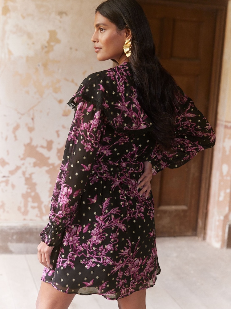 Love & Roses Black Printed Metallic Sleeved Ruffle Mini Dress - Image 4 of 4