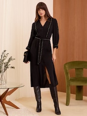 Love & Roses Black Stud Trim Detail Belted Midi Dress - Image 1 of 4