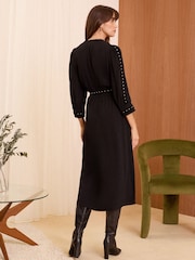 Love & Roses Black Stud Trim Detail Belted Midi Dress - Image 4 of 4