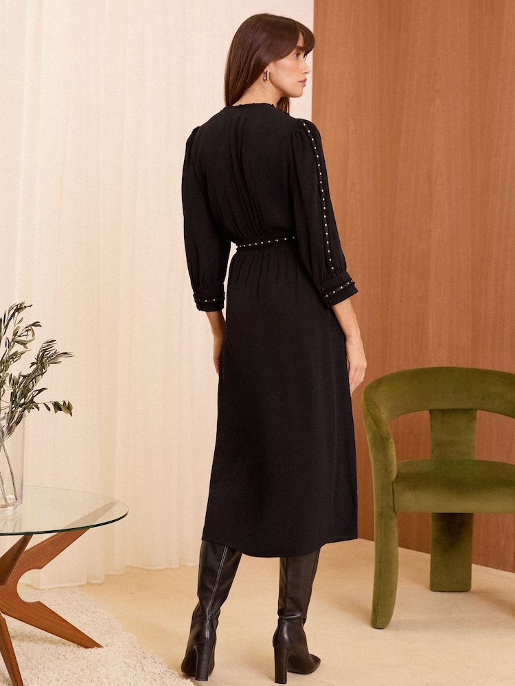 Love & Roses Black Stud Trim Detail Belted Midi Dress - Image 4 of 4