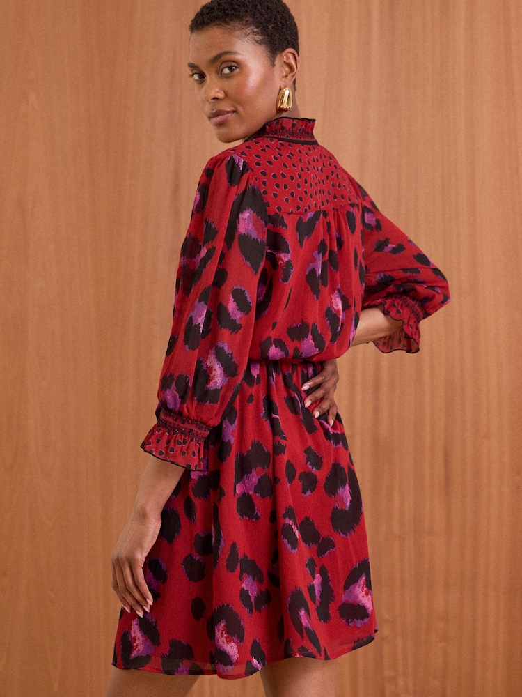 Love & Roses Red Animal V Neck 3/4 Sleeve Mini Dress - Image 3 of 4