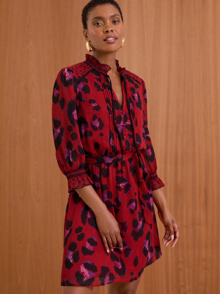 Love & Roses Red Animal V Neck 3/4 Sleeve Mini Dress - Image 4 of 4 Love & Roses Red Animal V Neck 3/4 Sleeve Mini Dress - Image 4 of 4