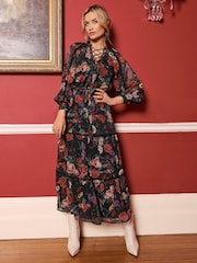 Love & Roses Black Floral 3/4 Sleeve Tie Detail Tiered Midi Dress - Image 2 of 4