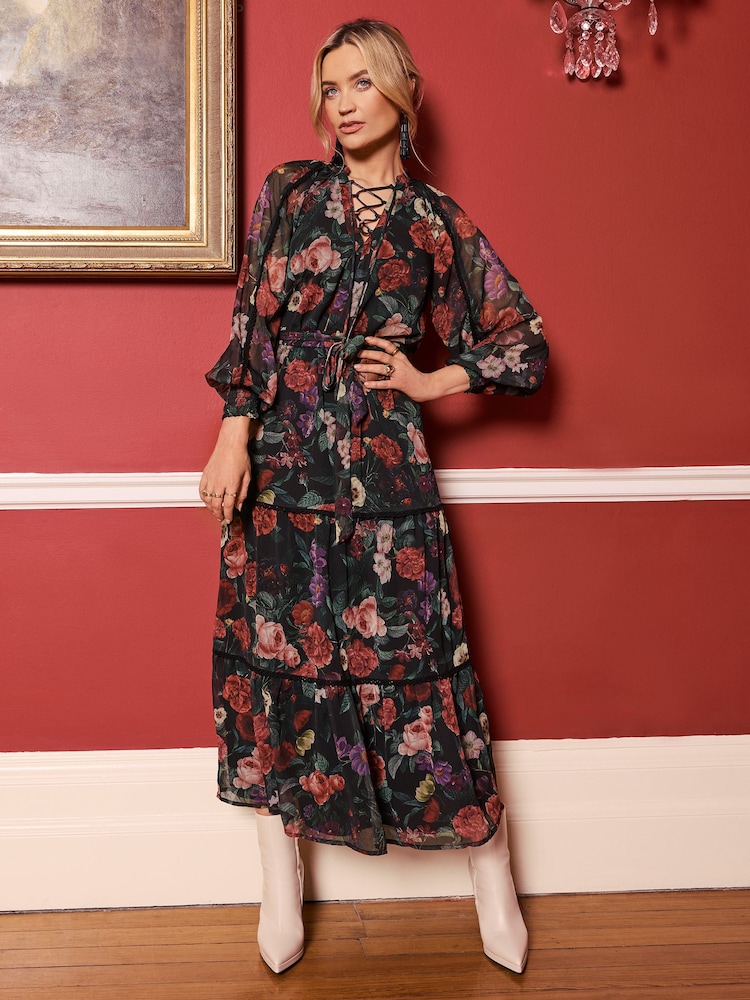 Love & Roses Black Floral 3/4 Sleeve Tie Detail Tiered Midi Dress - Image 2 of 4
