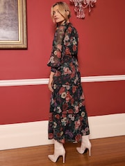 Love & Roses Black Floral 3/4 Sleeve Tie Detail Tiered Midi Dress - Image 3 of 4