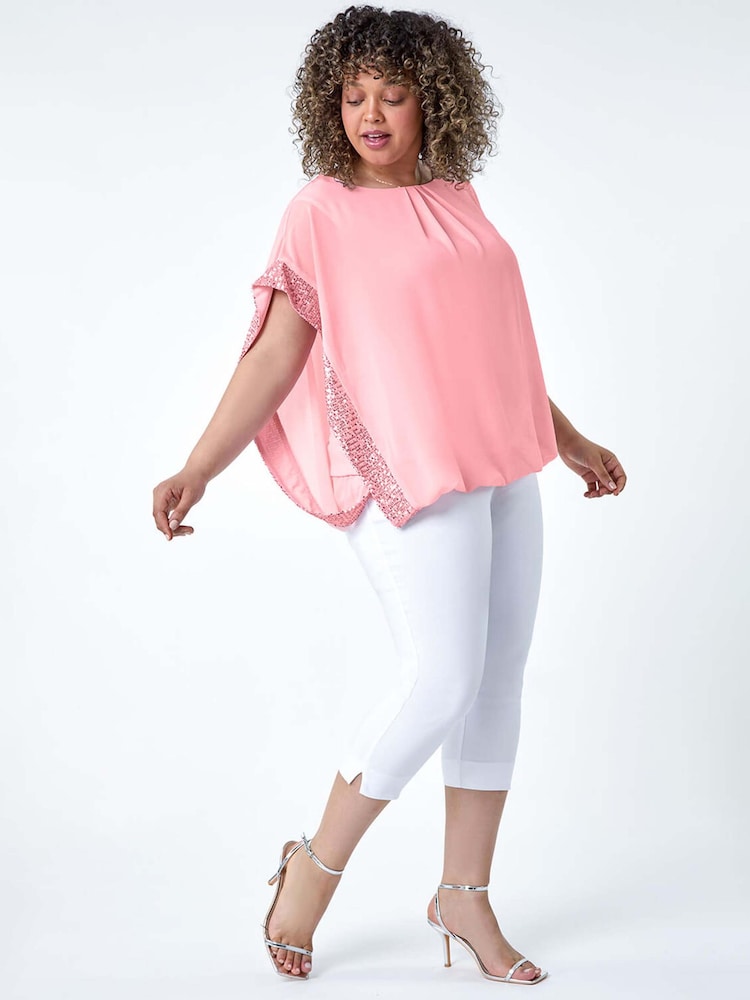 Roman Pink Sequin Trim Chiffon Overlay Top - Image 1 of 5